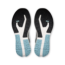 A pair of athletic shoes shown from the sole view, featuring a black outsole with a white central stripe and light blue sections with a repeating heart pattern.