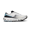 A white On running shoe with black and light blue accents, shown in a side profile on a clean white background.