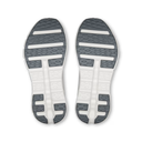 Close-up of the sole of a shoe with a white and gray design on a white background