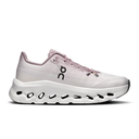 Pink and white running shoe with 'on' logo on a white background
