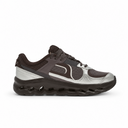 A dark brown and silver athletic sneaker shown from the side against a plain white background.