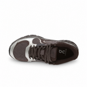 A top-down view of a dark brown and silver running shoe on a plain white background.