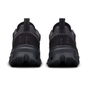 Black athletic shoes with visible branding on a white background