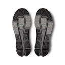 A pair of athletic shoe soles shown from the bottom, featuring a black and gray treaded design with a small light blue accent stripe on the center of each sole, set against a plain white background.