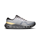 A light gray and dark gray running shoe with a yellow accent on the heel and a black sole, shown from the side against a white background.