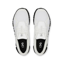 A pair of On Cloud running shoes shown from a top-down view, featuring a white upper with black accents and a black insole displaying the On logo.