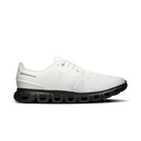 A white On running shoe with a black cushioned sole, shown in a side profile view against a plain white background.