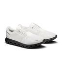 A pair of white On running shoes with a black cushioned sole, displayed on a clean white background.
