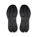 A pair of black tabi-style shoes shown from the sole, featuring a segmented tread pattern, on a plain white background.