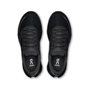 A pair of black On running shoes shown from a top-down view against a solid white background.