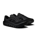 A pair of black athletic sneakers with a chunky, cushioned sole and subtle tonal branding, displayed against a clean white background.
