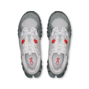 Gray running shoes with red accents on a white background