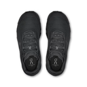 Black athletic shoes with 'On' branding on a white background