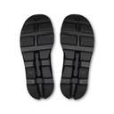 A pair of black athletic running shoes shown from the sole view, displaying their textured tread patterns against a plain white background.