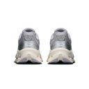 A pair of silver and off-white athletic sneakers shown from the back, featuring textured mesh uppers, metallic silver heel panels, and chunky off-white midsoles on a plain white background.