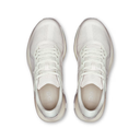 A pair of white On running shoes shown from a top-down view against a solid white background.