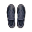 A pair of dark navy and gray running shoes shown from a top-down view on a clean white background. The shoes feature a textured mesh upper, matching gray laces, and a gold 'on' logo printed on the insole.