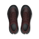 A pair of athletic sneakers shown from a top-down view, featuring a dark brown and black mesh upper with matching dark brown laces and a thick black sole.