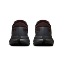 A pair of running shoes shown from the back, featuring dark gray and black uppers with a deep burgundy collar, set against a plain white background.