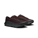 A pair of On Running shoes in dark burgundy and black, shown from a three-quarters angle on a clean white background.