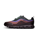 A side-profile view of an On running shoe in dark brown and burgundy with a distinctive purple accent stripe, dark green laces, and a black collar, set against a plain white background.
