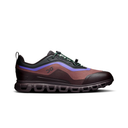 A single On running shoe shown in a side profile view against a solid white background. The shoe features a brown and dark brown mesh upper, a black toe cap and heel collar, a purple accent stripe on the side, and green laces.