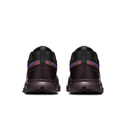 A pair of dark brown and black athletic sneakers shown from the back, featuring a purple accent stripe on the heel, set against a plain white background.