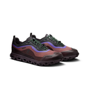 A pair of On running shoes in dark brown, burgundy, and black with purple accents and green laces, shown on a clean white background.