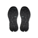 A pair of black athletic shoe soles shown from the bottom, featuring a textured tread pattern and a small light blue accent stripe on each sole, set against a plain white background.