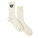 Pair of white socks with a black logo on a white background