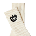 White socks with black logo on a white background