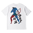 White t-shirt with a colorful graphic of a character holding a bow and arrow on the back, on a white background.