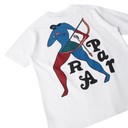 White t-shirt with a colorful graphic of a character holding a bow and arrow, with 'Par R A R' text.