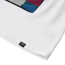 White towel with a brand label on a white background