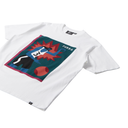 White t-shirt with colorful graphic design on a white background
