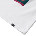 White fabric with a colorful logo and a visible brand label on a white background