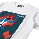 White t-shirt with colorful graphic design and 'Parra' brand logo.