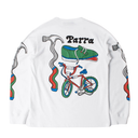 White long-sleeve t-shirt with a colorful graphic print on the back featuring a green shoe, red bicycle, hammer, and the word 'Parra'.