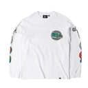 A white long-sleeve t-shirt with a circular green and gray graphic on the left chest, featuring partial colorful graphics on both sleeves, laid flat on a white background.
