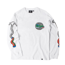 A white long-sleeve crewneck sweatshirt featuring a circular patch on the left chest, a detailed graphic of a pickaxe on the right sleeve, and a partial graphic on the left sleeve, displayed on a clean white background.