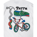 White crewneck t-shirt featuring a colorful graphic print on the back. The graphic includes a hammer, a green shoe with a red tongue, a red BMX bike, and the word 'Parra' in black stylized text.