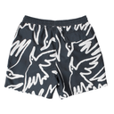 Black shorts with white abstract patterns on a white background