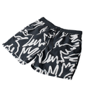 Black shorts with white abstract pattern on a white background