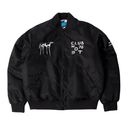A black satin bomber jacket with white graphic prints, featuring a giraffe design on the left chest and 'CLUB NO.76 19T' on the right chest, displayed on a clean white background.