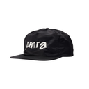 Black cap with white text on a white background
