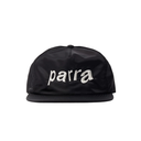 A black flat-brim cap with the word 'parra' embroidered in white across the front, shown against a plain white background.