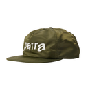 An olive green nylon snapback cap with 'parra' embroidered in white script on the front, shown against a plain white background.