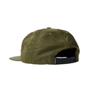 An olive green flat-brim cap shown from the back, featuring a black adjustable strap with white text that reads 'VINTA'.