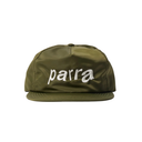 An olive green nylon 5-panel cap with 'parra' embroidered in white script across the front, set against a plain white background.