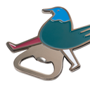 Metallic bottle opener shaped like a bird on a white background